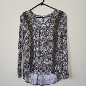 Massini Womens S Long Sleeve Shirt Boroque Paisley Print Green Cottagecore Lace‎